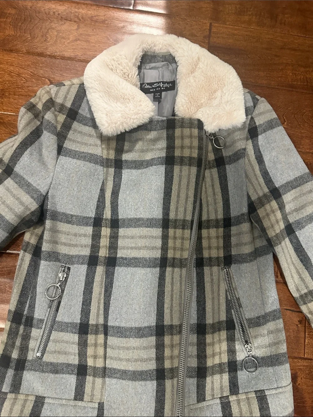 Miss Selfridge Gray Plaid Pea Coat with Cream Faux Fur Collar